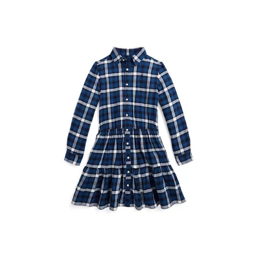 Polo Ralph Lauren Big Girls‎ Plaid Tiered Cotton Flannel Shirtdress Blue Size 5